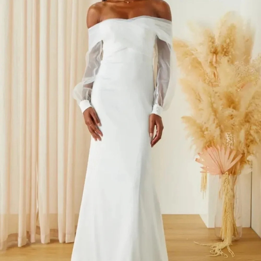 Blissfully Loved White Satin Organza Off-the-Shoulder Maxi Dress Size Lg #0513 - Picture 4 of 5